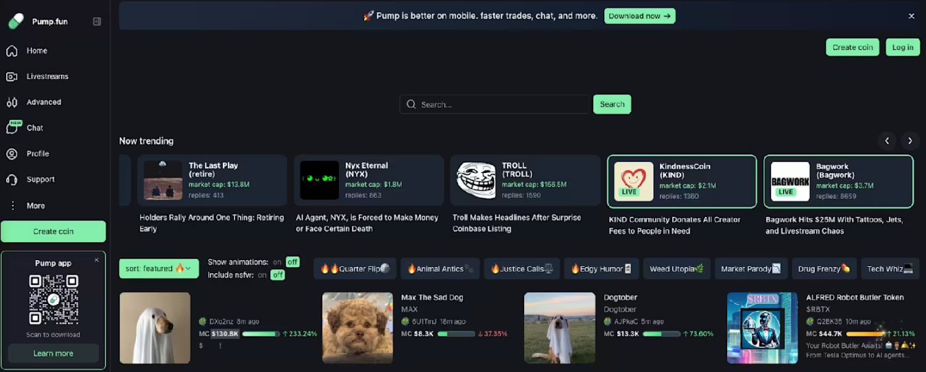 Pump.fun 主頁，堪稱「激進投機者」文化的典型代表